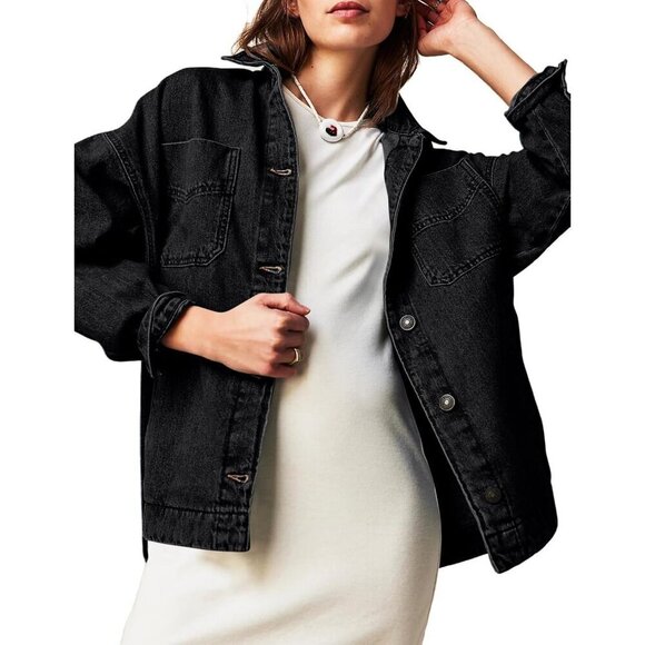 Jackets & Blazers - Women Jean Jacket Oversized Shacket Denim Jacket Button Down Boyfriend Black